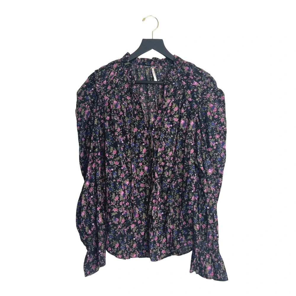 Free People‎ Meant to Be Floral Puff Sleeve Blouse Top Black Pink Womens Small